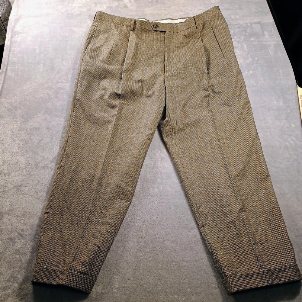 Austin Reed Dress Pants Mens 42x27 Brown Wool Cashmere Tweed Cuffed Pleated